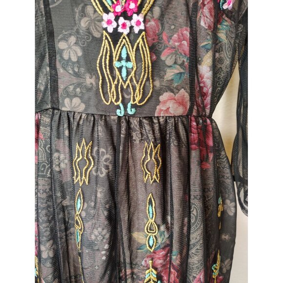 Wayward Fancies Medium Black Dress Flower Embroidery Tulle Overlay Boho Festival - Picture 4 of 8